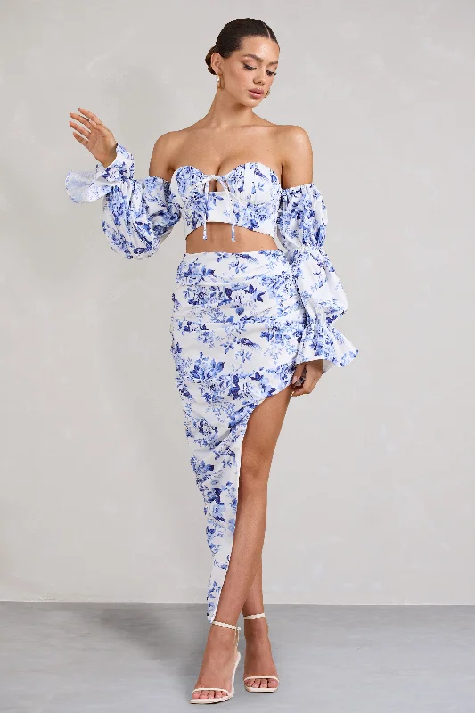 Flared-Sleeve Maxi Dresses -Holiday | Blue Floral Ruched Asymmetric Maxi Skirt