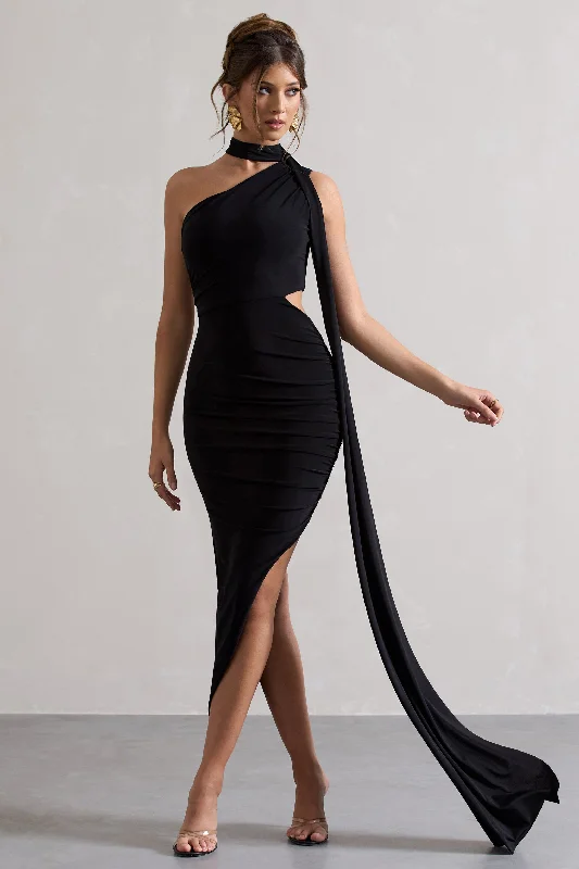 Rich-Wool Maxi Dresses -Icon | Black One Shoulder Cut-Out Maxi Dress With Scarf