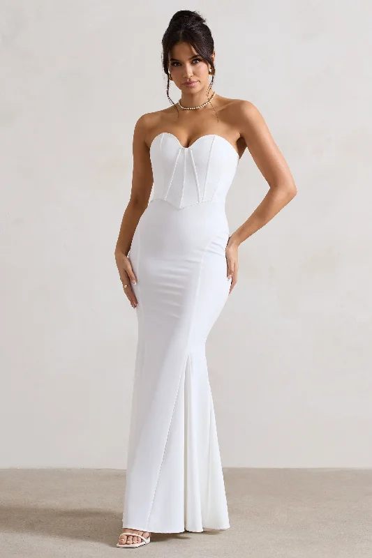 Maxi Dresses for Farewell Dinners -Idyllic | Cream Strapless Corset Style Fishtail Maxi Dress