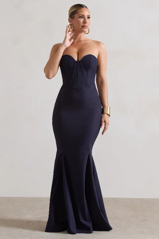 Button-Edge Maxi Dresses -Idyllic | Navy Strapless Corset Style Fishtail Maxi Dress