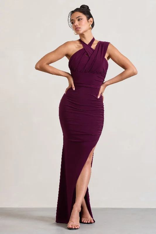 Maxi Dresses for Sunset Drinks -Ignite | Burgundy Strappy Halter-Neck Asymmetric Maxi Dress