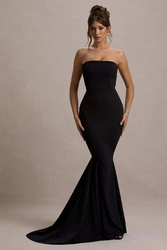 Retro Maxi Dresses -Impress Me | Black Strapless Bandeau Fishtail Maxi Dress