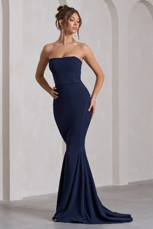 High-Slit Maxi Dresses -Impress Me | Navy Strapless Bandeau Fishtail Maxi Dress