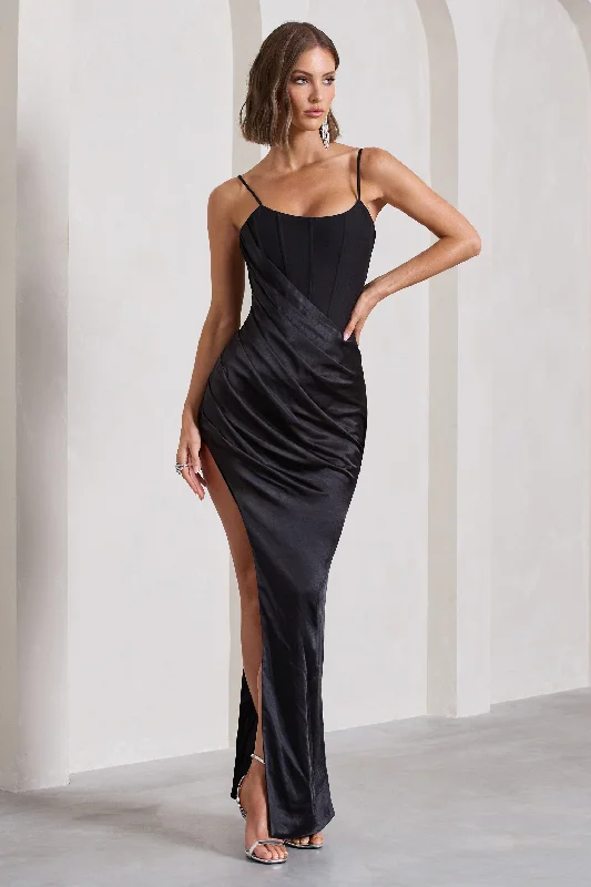 Lace-Front Maxi Dresses -In Attendance | Black Satin Draped Corset Split Maxi Dress