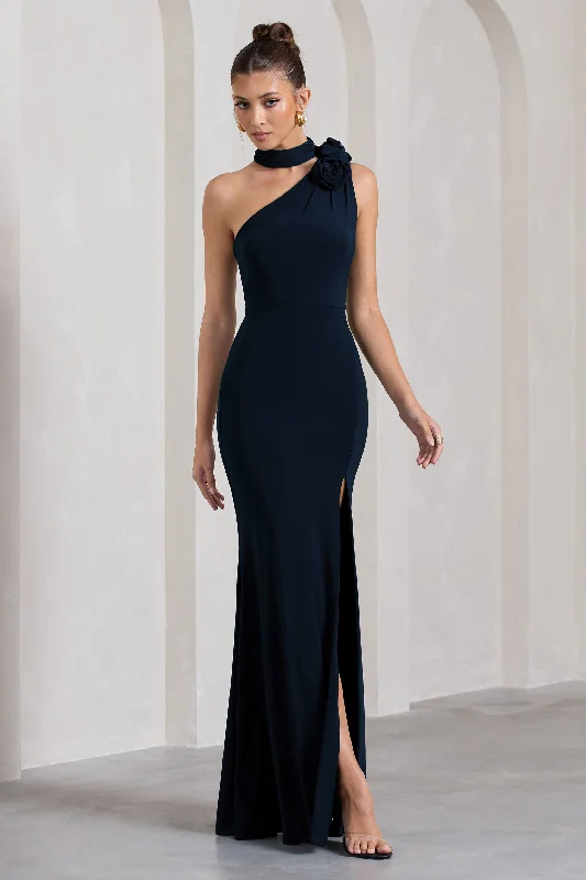 One-Shoulder Maxi Dresses -In Suspense | Navy One Shoulder Halter-Neck Split Maxi Dress With Flower