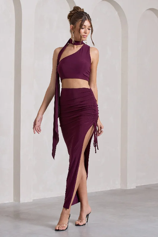 Cross-Back Maxi Dresses -In The Air | Plum Ruched Asymmetric High-Waisted Maxi Skirt