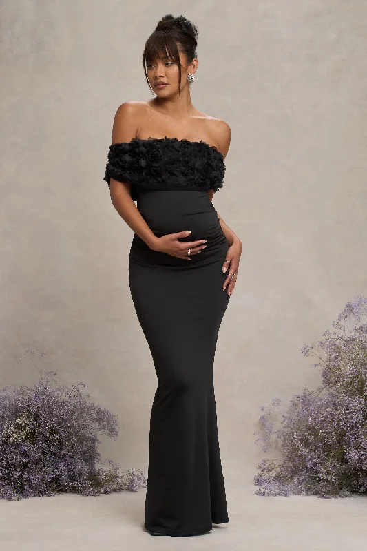 Maxi Dresses for Fun Dates -Inflorescence | Black Mesh Floral Bardot Maternity Maxi Dress