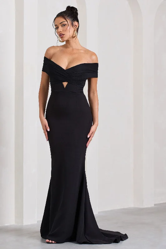 Long-Sleeve Maxi Dresses -Inspiration | Black Sheer Bardot Fishtail Maxi Dress