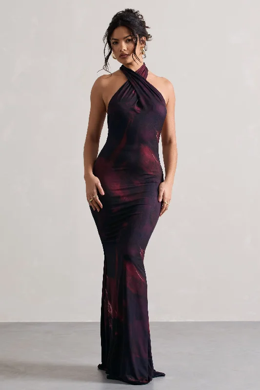 Puff-Sleeve Maxi Dresses -Invincible | Plum Print Cross Over Halter-Neck Open-Back Maxi Dress