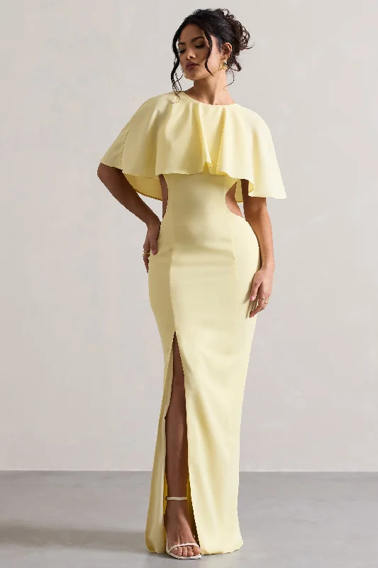 Maxi Dresses for Beach Weddings -Isadora | Pastel Yellow Cut-Out Split Maxi Dress With Cape