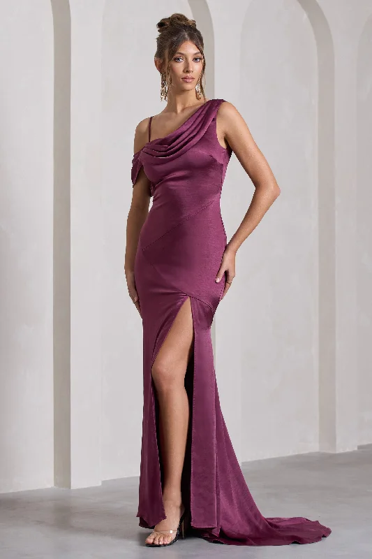 Ruffle-Back Maxi Dresses -Jayne | Plum Satin Asymmetric Draped Split Maxi Dress