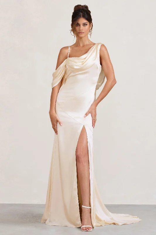 Pure-Cotton Maxi Dresses -Jayne | Cream Satin Asymmetric Draped Split Maxi Dress