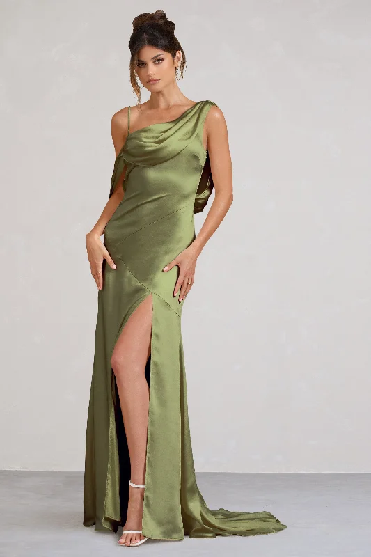 Maxi Dresses for Club Chill -Jayne | Olive Satin Asymmetric Draped Split Maxi Dress