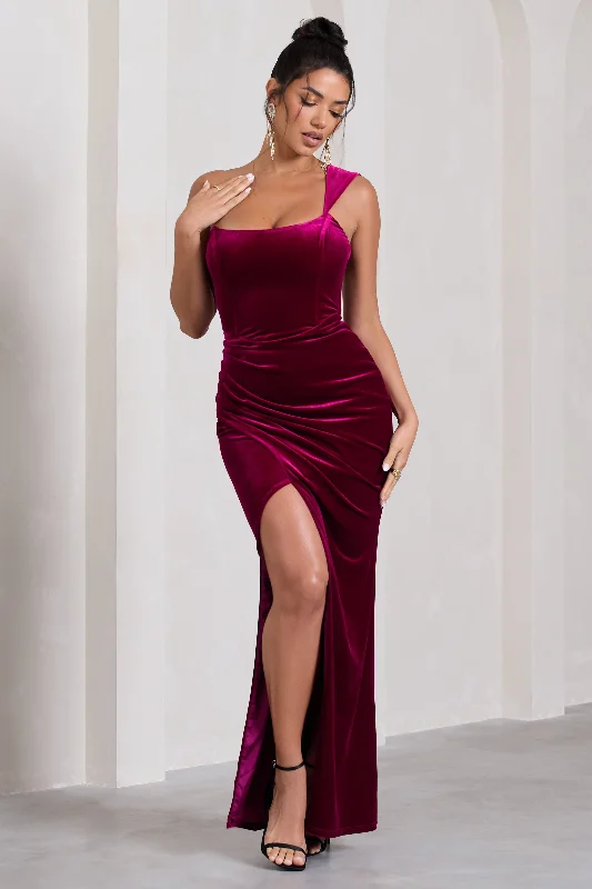 Mesh-Front Maxi Dresses -Jessica | Berry Velvet One Shoulder Corset Style Wrap Maxi Dress