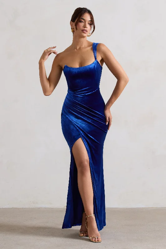 Maxi Dresses for Girls Trips -Jessica | Cobalt Velvet One Shoulder Corset Style Wrap Maxi Dress