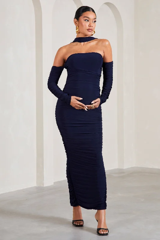 Tie-Front Maxi Dresses -Joy | Navy Ruched Long-Sleeved Maternity Maxi Dress With Halter Collar