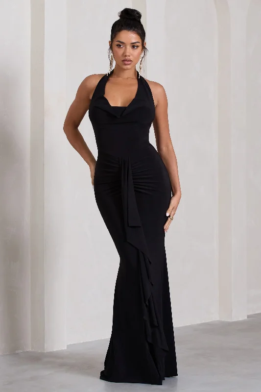 Trendy Maxi Dresses 2025 -Kaia | Black Ruched Cowl-Neck Maxi Dress With Drape