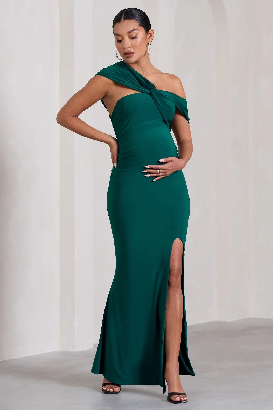 Maxi Dresses for Coffee Fun -Kara | Bottle Green Asymmetric Twisted Bardot Split Maternity Maxi Dress