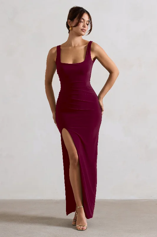 Bold-Hue Maxi Dresses -Kate | Berry Square Neck Maxi Dress with Plunge Back and Side Thigh Split