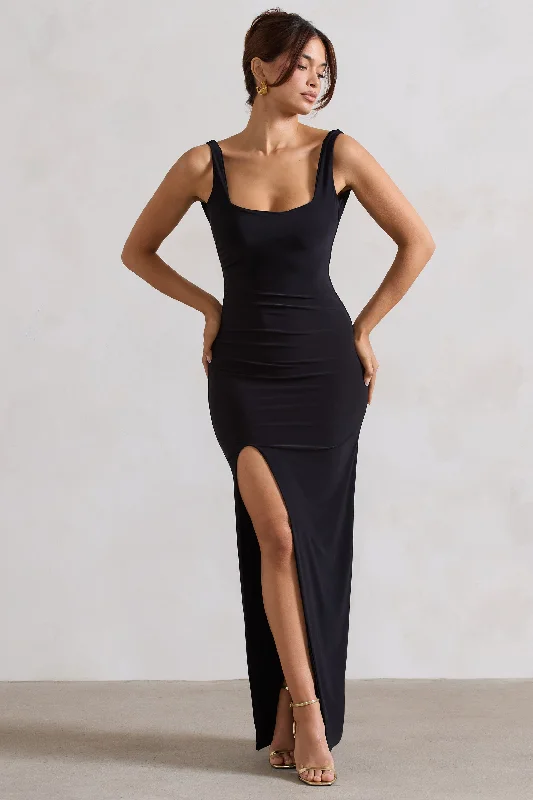 Smooth-Silk Maxi Dresses -Kate | Black Square Neck Maxi Dress with Plunge Back and Side Thigh Split