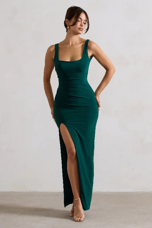 Flared-Edge Maxi Dresses -Kate | Bottle Green Square Neck Maxi Dress with Plunge Back and Side Thigh Split