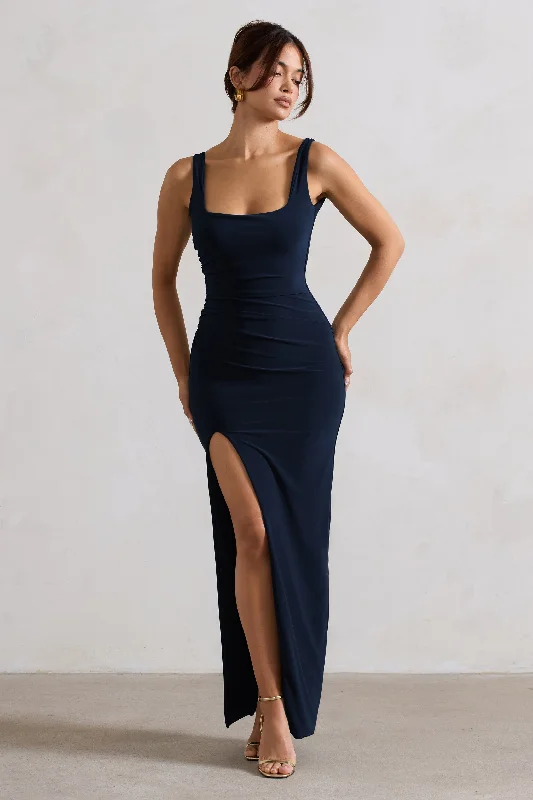 Lace-Front Maxi Dresses -Kate | Navy Square Neck Maxi Dress with Plunge Back and Side Thigh Split