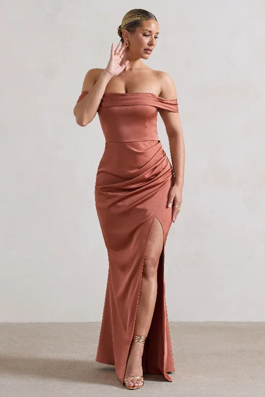 Green Maxi Dresses Sale -Katia | Rust Satin Bardot Maxi Dress