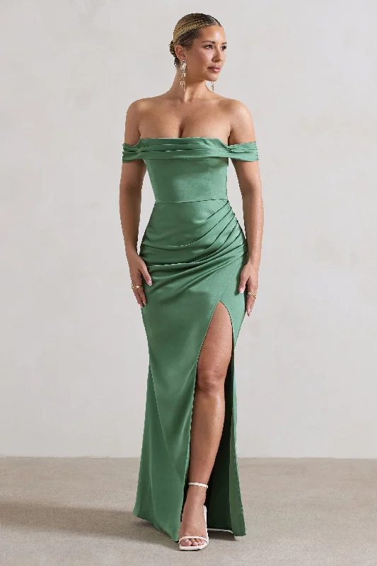 Maxi Dresses for Club Fun -Katia | Soft Green Satin Bardot Maxi Dress