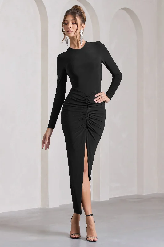 Button-Chill Maxi Dresses -Katy | Black Ruched Long-Sleeve Split Maxi Dress