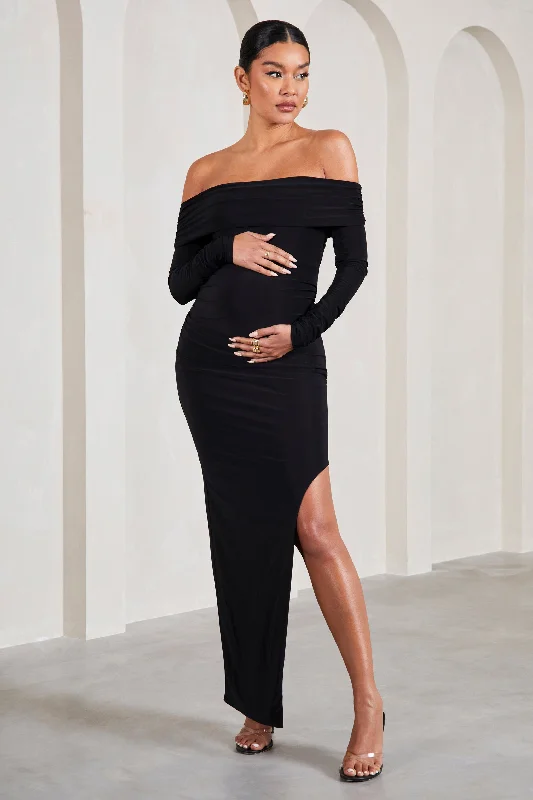 Mesh-Panel Maxi Dresses -Kaylee | Black Ruched Strapless Long-Sleeved Split Maternity Maxi Dress