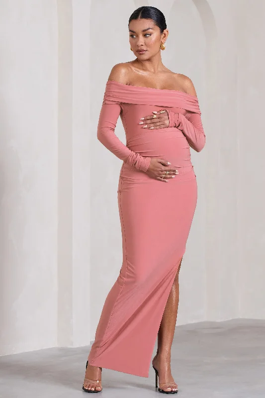 Statement-Sleeve Maxi Dresses -Kaylee | Blush Pink Ruched Strapless Long-Sleeved Split Maternity Maxi Dress