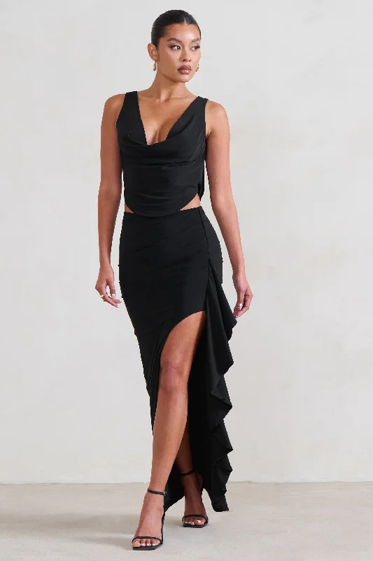 Maxi Dresses for Lake Parties -La Belle | Black Ruffle Maxi Skirt With Thigh Split