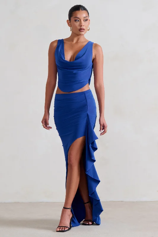 Puff-Hem Maxi Dresses -La Belle | Blue Ruffle Maxi Skirt With Thigh Split