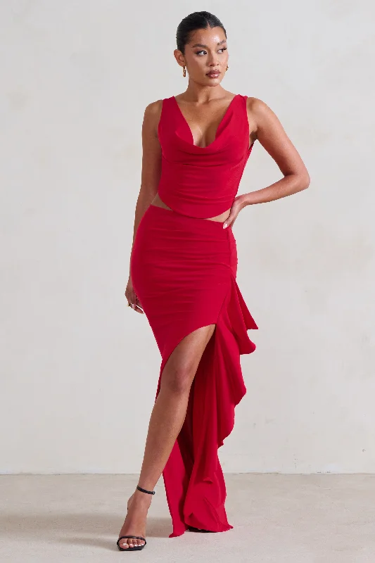 Ruffle-Neck Maxi Dresses -La Belle | Red Ruffle Maxi Skirt With Thigh Split