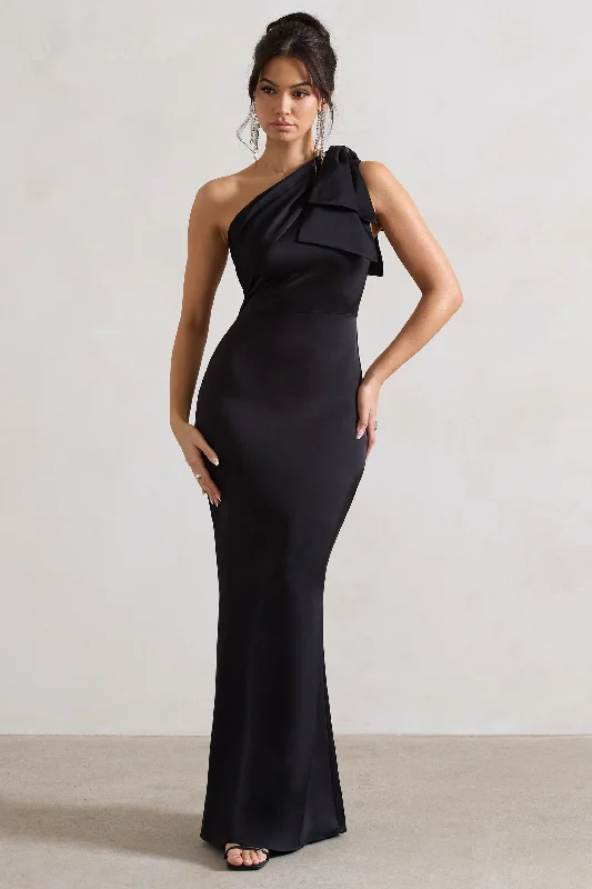 Side-Flare Maxi Dresses -Lady | Black Satin One Shoulder Maxi Dress With Bow