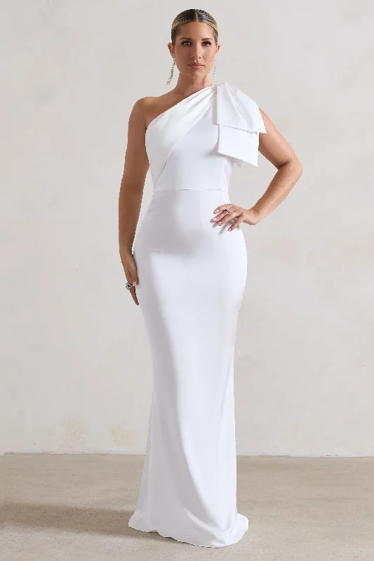 Flared-Edge Maxi Dresses -Lady | White Satin One Shoulder Maxi Dress With Bow