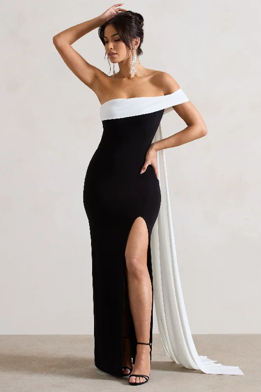 Thin-Suede Maxi Dresses -Legacy | Black & White Bardot Split Maxi Dress With Drape