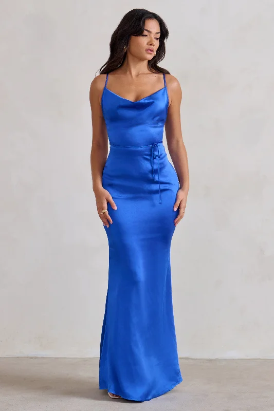 Maxi Dresses for City Parties -Lifetime | Cobalt Blue Satin Cowl Neck Maxi Dress With Cross Back Detail