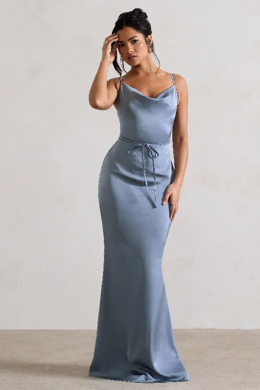 Maxi Dresses for Patio Parties -Lifetime | Slate Blue Satin Cowl Neck Maxi Dress With Cross Back Detail