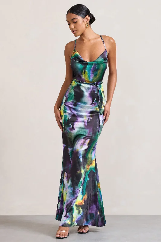 Dainty-Print Maxi Dresses -Lifetime | Watercolour Print Satin Cowl Neck Maxi Dress With Cross Back Detail