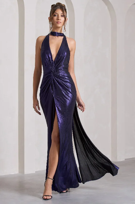 Maxi Dresses for Night Clubs -Lost | Purple Metallic Halter-Neck Cut-Out Split Maxi Dress With Drape