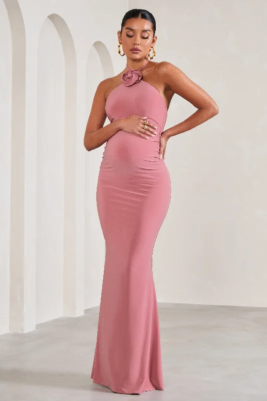 Maxi Dresses for Graduations -Loving | Blush Pink Halter-Neck Maternity Maxi Dress With Flower Corsage