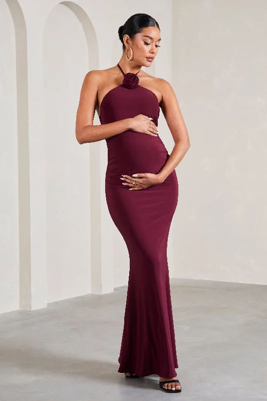 Maxi Dresses for Outdoor Events -Loving | Burgundy Halter-Neck Maternity Maxi Dress With Flower Corsage