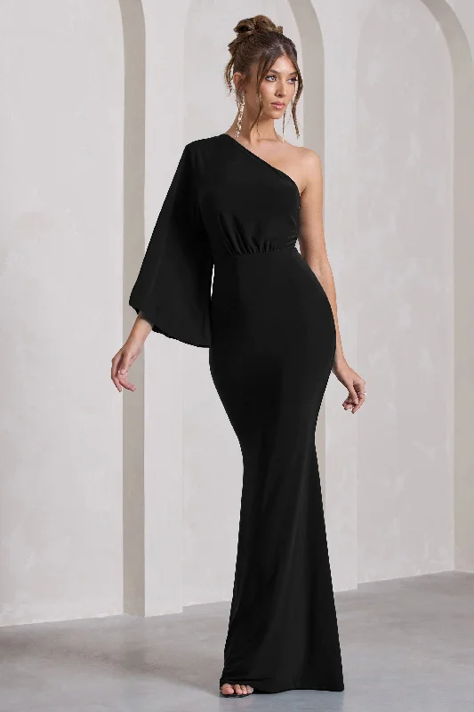 Maxi Dresses for Dance Parties -Luciana | Black One Shoulder Drape Sleeve Maxi Dress