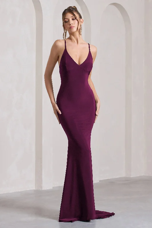 Mesh-Front Maxi Dresses -Lucky Number | Plum Cross Back Fishtail Maxi Dres