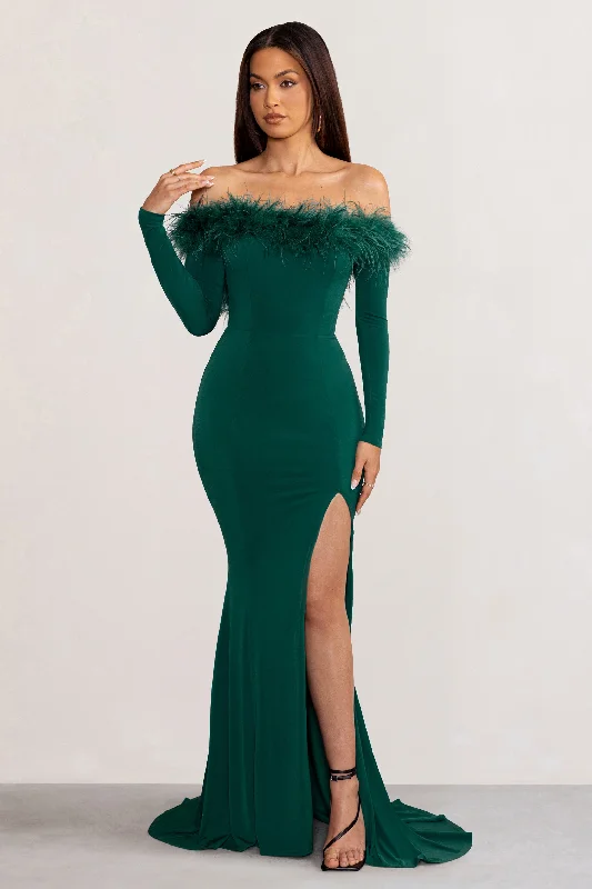 Maxi Dresses for Small Chill -Lucilu | Bottle Green Feather Bardot Long Sleeve Maxi Dress with Side Split