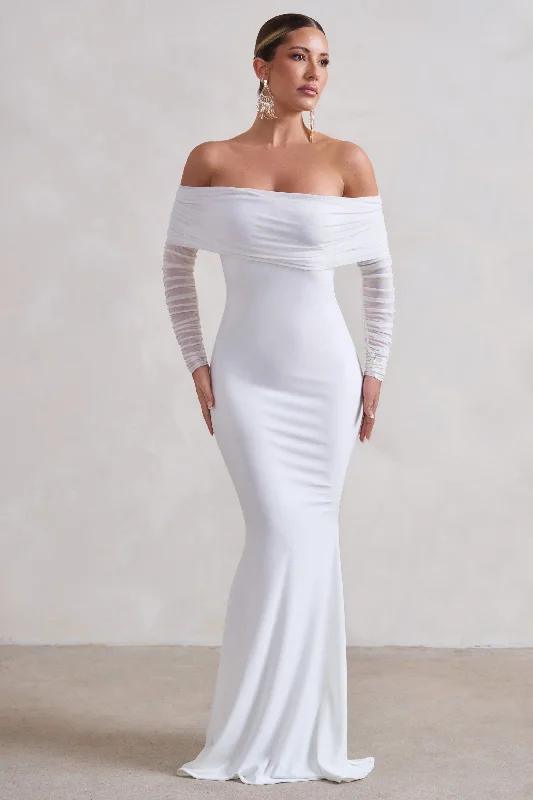 Maxi Dresses for Reunion Parties -Madeleine | White Fishtail Maxi Dress With Bardot Mesh Long Sleeves