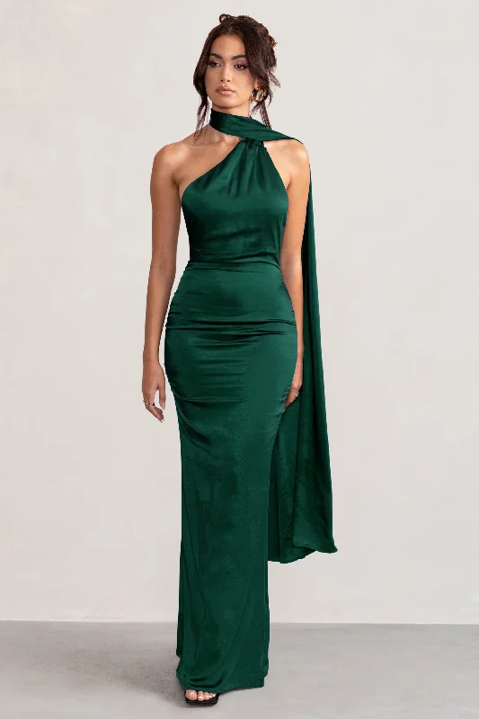 Maxi Dresses for Outdoor Parties -Mademoiselle | Bottle Green Satin Asymmetric Scarf Neck Backless Maxi Dress