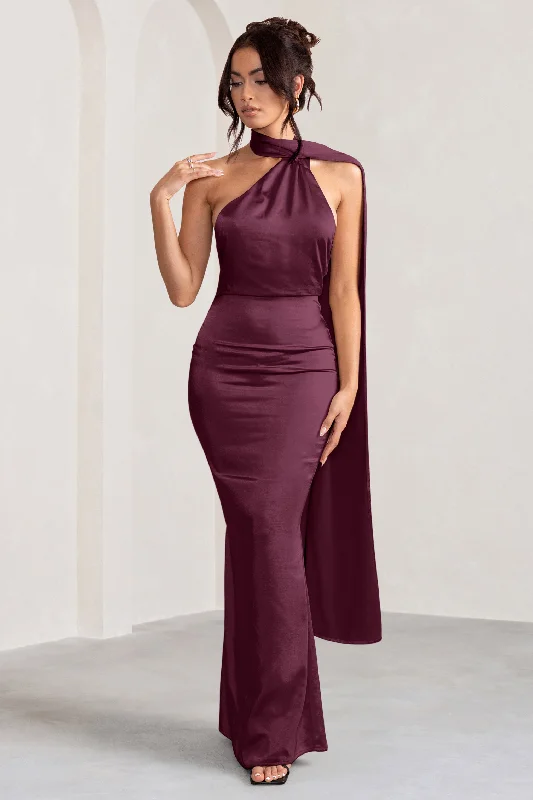 Lace-Front Maxi Dresses -Mademoiselle | Burgundy Satin Asymmetric Scarf Neck Backless Maxi Dress