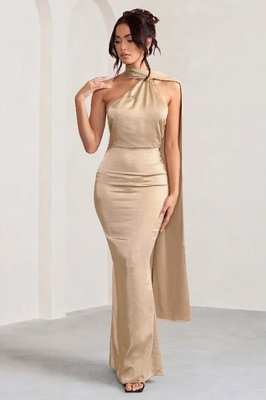 Maxi Dresses for Fall Parties -Mademoiselle | Champagne Satin Asymmetric Scarf Neck Backless Maxi Dress